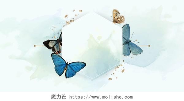 蓝色渐变水彩泼墨六边形边框蝴蝶展板背景